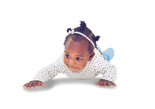 Happy, baby or girl crawling for child development, growth and learning. Happiness, cute toddler or black infant kid crawl on floor with a smile for milestone isolated on transparent, png background