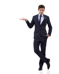 Portrait of businessman showing offer isolated on transparent png background, deal and promo at...