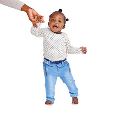 Hand, baby and girl walking, smile and newborn isolated against a transparent background. Happy infant, toddler or kid with child development, growth and learning with png, steps or support with help