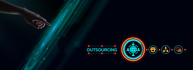 Outsourcing HR Global Recruitment Business finance concept. Hand pressing button on screen.