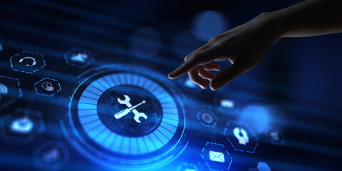 Technical support customer service guarantee quality assurance. Hand pressing button on virtual...