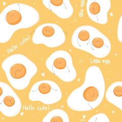 Seamless pattern with cute fried eggs , various emotions on yellow background.Words: little egg, hello cute.Vector illustration.
