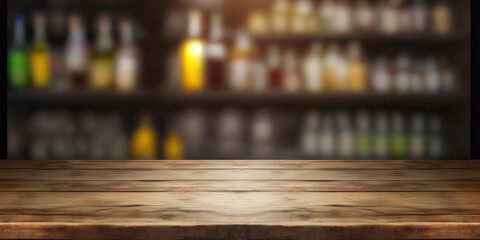 Empty the top of wooden table with blurred counter bar