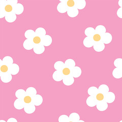 Seamless pattern with white flowers on pink background. Vector illustration.