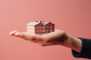Fototapeta na wymiar A woman holding a small model house in her hands. Real estate and insurance concept. Generative ai