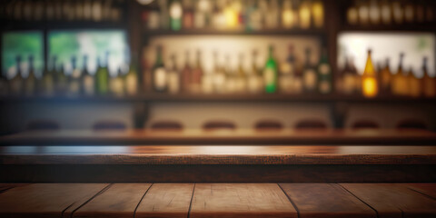 Empty the top of wooden table with blurred counter bar