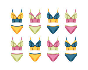 Swimwear set. A large collection of separate swimsuits in red, green, blue and yellow colors. Women s beach accessory. Bathing suit. Vector