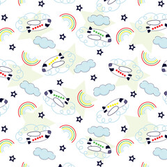 Planes with colorful rainbow and clouds with stars