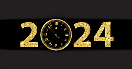 Black Paper Banner Golden Clock 2024