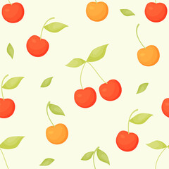 Seamless pattern with summer yellow sweet cherry and cherry on light green background. Vector illustration in flat cartoon style for print, wallpaper, textile, packaging and design.
