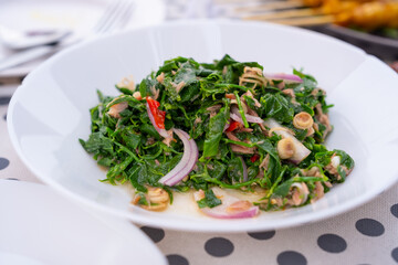 Spicy Edible Fern salad with tuna and peppers with sliced lemongrass and red onions in a white plate placed on a table in a restaurant