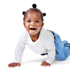 Cute, crawling and happy with portrait of baby on transparent background for youth, innocence and...