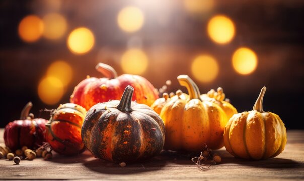 Thanksgiving decor with a centerpiece of pumpkins on a wood slab. Creating using generative AI tools