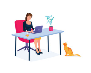 Cartoon young woman doing her distant job from home with cat under table. Time management for freelancers. Online study and education. Vector flat style illustration