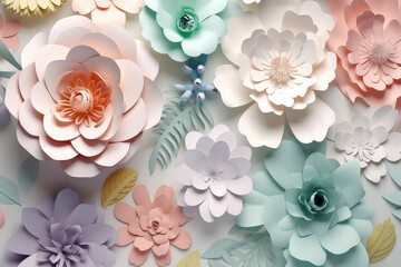 Creative wallpaper origami flowers from paper. Origami paperwork in pastel colors. Close-up of a plant still life in the style of quilling. Generative AI 3d rendering illustration imitation.