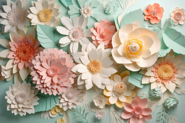 Creative wallpaper origami flowers from paper. Origami paperwork in cute pastel colors. Close-up of a plant still life in the style of quilling. Generative AI 3d render illustration imitation.