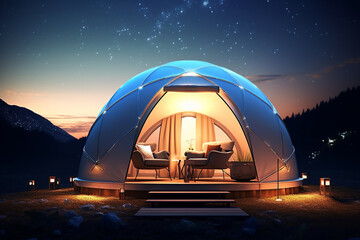 Fototapeta na wymiar Dome Shaped Camping Tent with Modern Style and Beautiful Landscape for Relaxing Holiday at Night