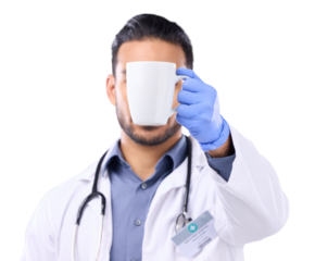 Hand, coffee and cup with a doctor man isolated on a transparent background for a healthcare break. Medical, mug and gloves with a male medicine professional on PNG holding a caffeine beverage