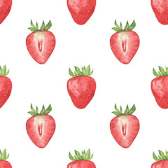 Watercolor berries seamless pattern. Summer red strawberries. Hand drawn illustration on transparent.