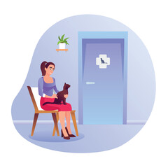 Smiling cartoon girl waiting in line for appointment with cat in her arms in corridor. Professional doctors curing cute pets. Healthcare services for domestic animals. Process of examining. Vector