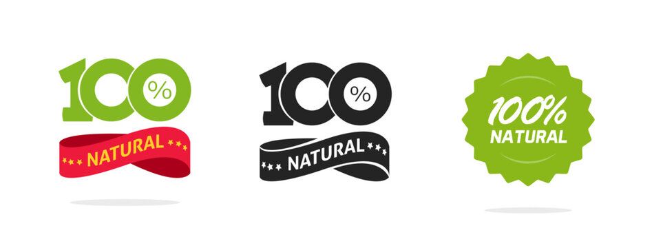 Natural 100 percent organic product label icon tag vector graphic, quality food label logo sticker certified stamp seal, eco friendly healthy fresh symbol clipart image illustration set
