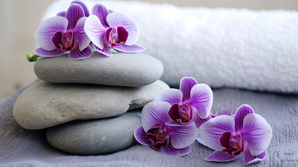 Fototapeta na wymiar spa composition on massage, towels and stones, flowers Relaxation. Generative AI