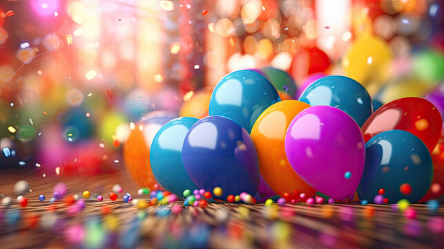 A colorful and festive background featuring confetti balloons and ribbons ,Generative AI
