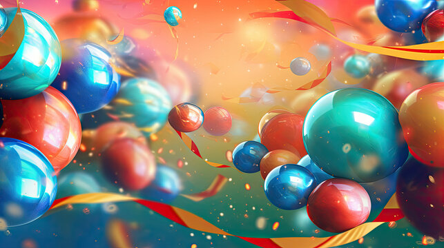 A colorful and festive background featuring confetti balloons and ribbons ,Generative AI