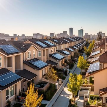 Residential neighborhood where every house has solar panels on its roof. The image captures a sunny day, and the rooftops are adorned with rows of solar panels. AI Generated, Generative AI