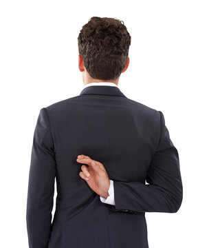 Back of businessman, promise and fingers crossed isolated on transparent png background with dishonesty for deal. Lies, fake trust and fraud, liar man, scam hand sign for corporate crime from behind.
