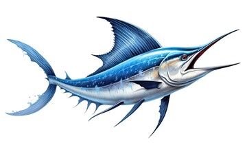 Blue Marlin Swordfish Jumping On White Background