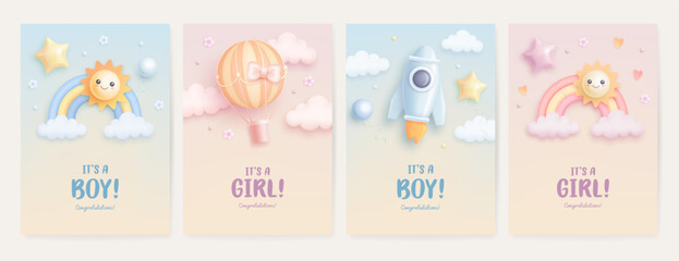 Set of baby shower invitation template with cartoon rocket, hot air balloon and rainbow on colorful background. Its a girl, its a boy. Vector illustration