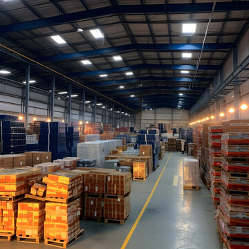 A warehouse within the factory filled with neatly stacked boxes containing solar cell parts. The image conveys the organization and logistics involved. AI Generated, Generative AI