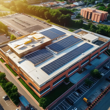 Aerial View Of Commercial Building With Large Rooftop Solar Installation. The Solar Panels For Intricate Pattern, Creating Eye-catching Visual Effect From Above. AI Generated, Generative AI