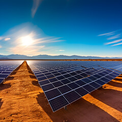 vast solar farm stretching across an expansive desert landscape. The image captures row upon row of solar panels. AI Generated, Generative AI