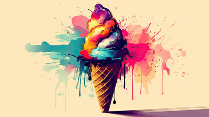 Ice cream in a waffle cone on a colored background.