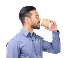 Business man, happy and drinking coffee isolated on a transparent, png background. Professional asian man profile with a drink for motivation, inspiration and caffeine or energy for corporate career