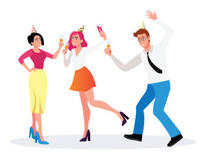 Cartoon handsome friends or colleagues celebrating event together. Positive coworkers having fun at office party. Friends spending time together. Vector