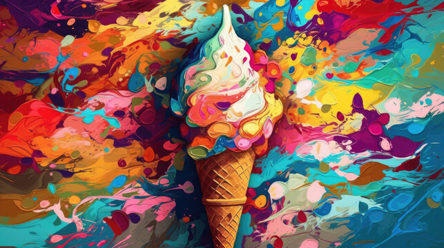 ice cream in waffle cone on watercolor background