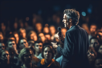 Man gives speech or lecture in front of large audience - Topic Symposium, Lecture, Seminar or Coaching - Generative AI - 613756173