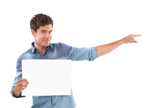 Portrait, hand pointing and man with paper, poster or mockup on isolated, transparent or png background. Space, banner and face of male person with news, announcement or coming soon information promo - Powered by Adobe