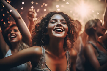Girl teen celebrating and dancing exuberantly at party or at concert - theme youth, celebrating, having fun - Generative AI