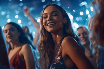 Girl teen celebrating and dancing exuberantly at party or at concert - theme youth, celebrating, having fun - Generative AI