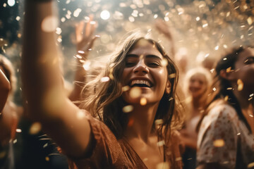Girl teen celebrating and dancing exuberantly at party or at concert - theme Nightlive, clubbing, celebrating, having fun - Generative AI - 613756536