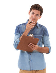 Thinking, question and documents with a man isolated on a transparent background holding a...