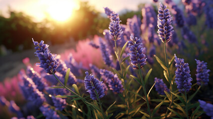 Fototapeta na wymiar lavender field in region at sun set or sunrise Generative AI