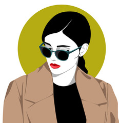 1394_Young beautiful woman with black ponytail wearing fashionable camel coat and dark sunglasses