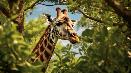 Giraffe in the Treetops of the Savanna.