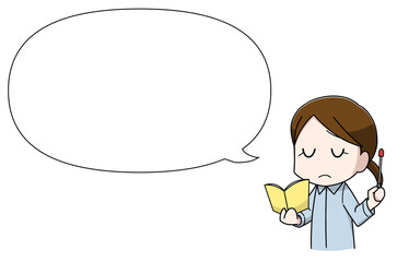 指示棒を持って目を閉じる女性教師のイラスト・フキダシ付き