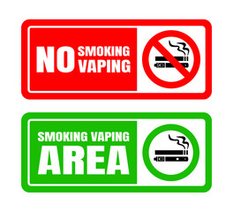 No smoking no vaping and smoking area sign set. Forbidden sign icon isolated on white background vector illustration. Cigarette, vape in prohibition circle and green allowed area.